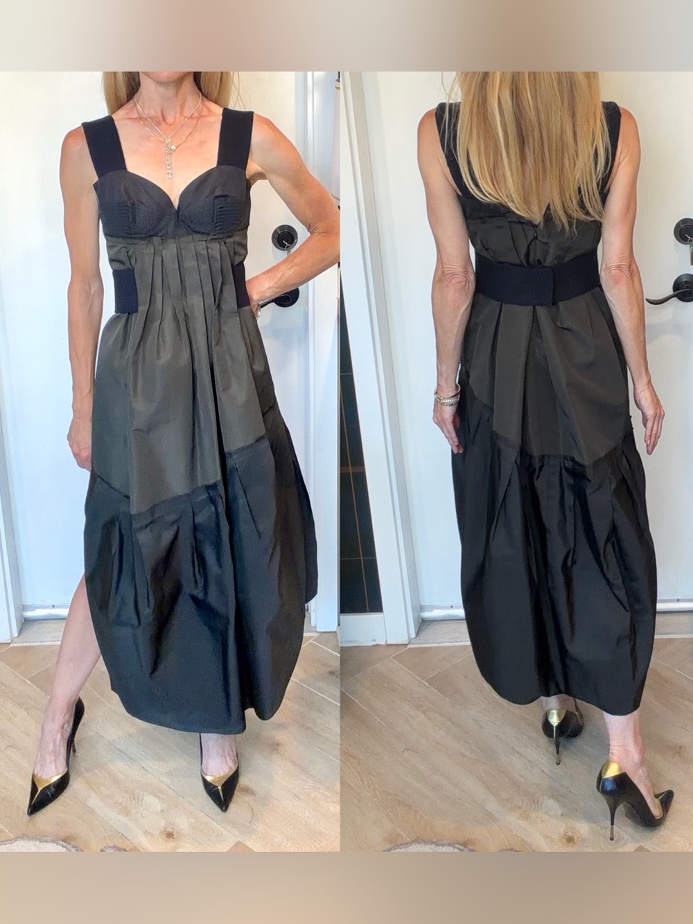 Prada VTG ‘06 Runway Look #8, Olive Taffeta Midi, Satin Bodice, knit straps, 38 - Picture 3 of 16